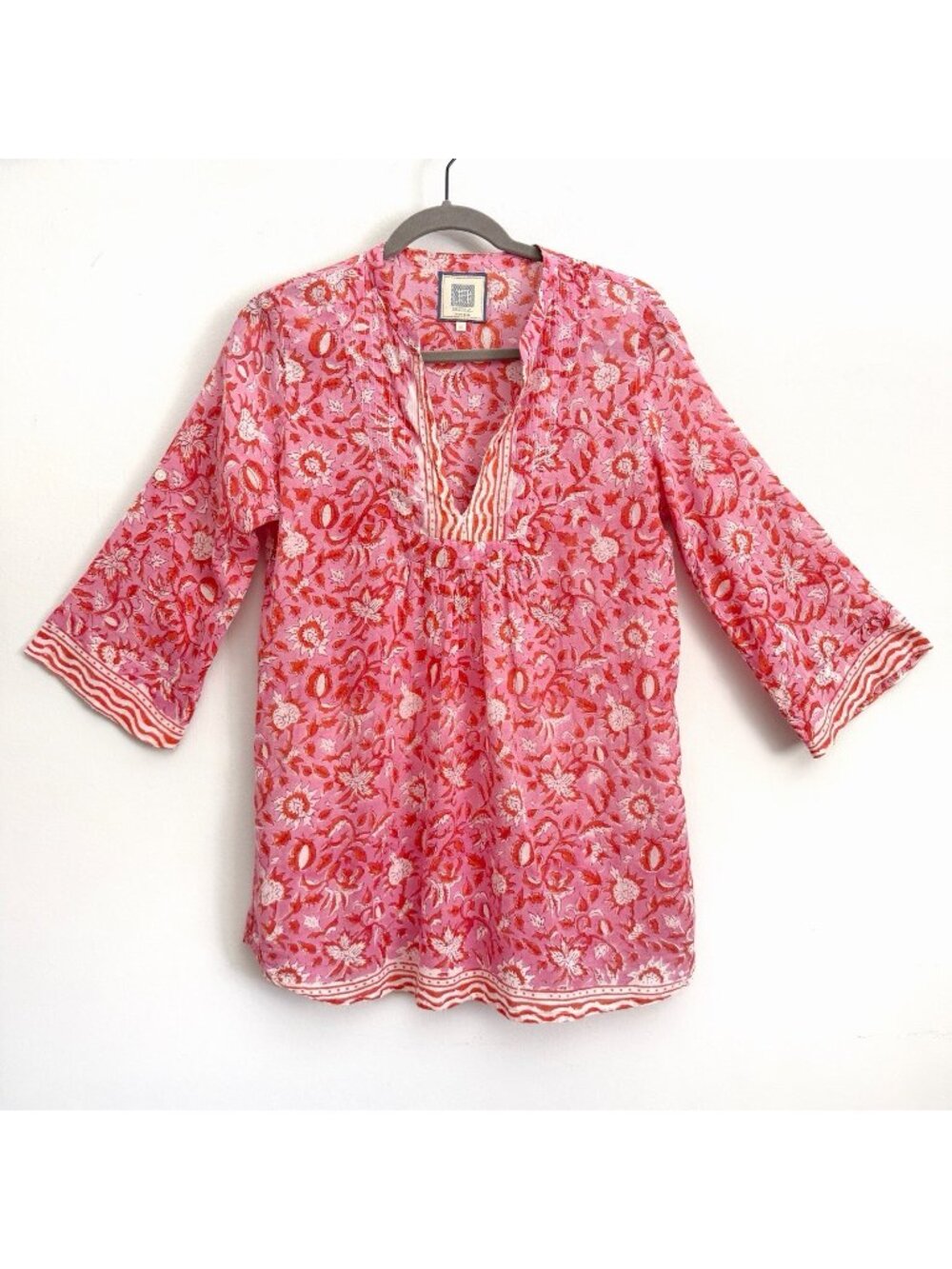 Bell By Alicia Bell Pink Floral V-Neck Tunic Top Cotton Women’s Size Medium